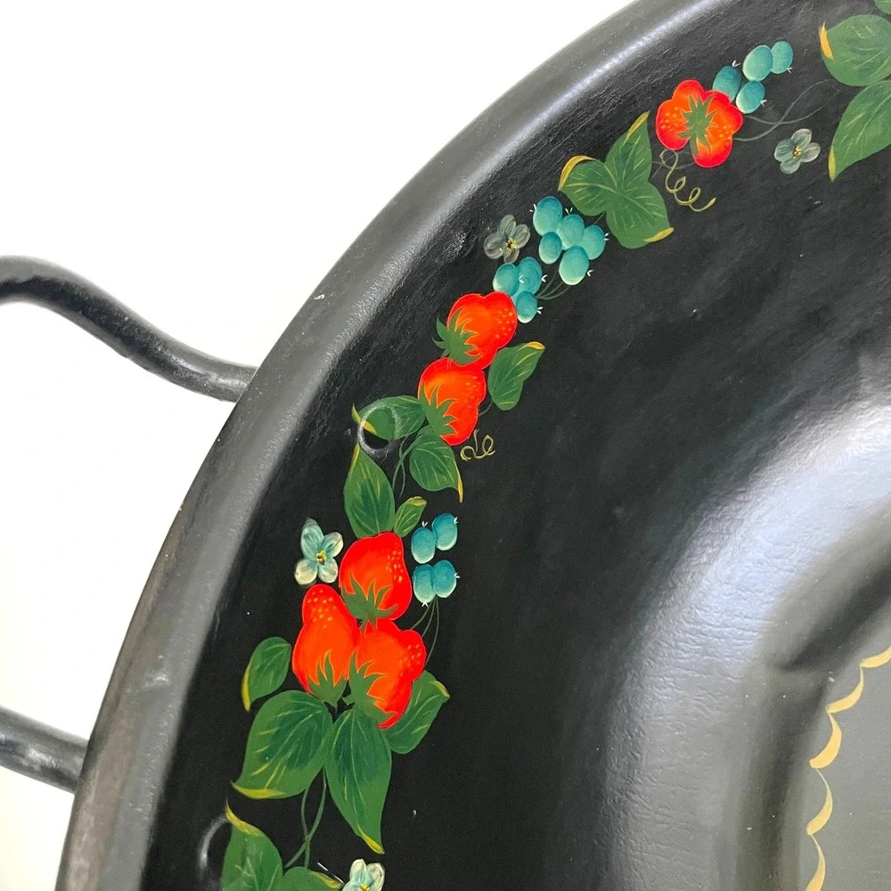 Vintage Hand Painted Toleware Metal Bowl Strawberry Blueberry Footed Basin 14.5